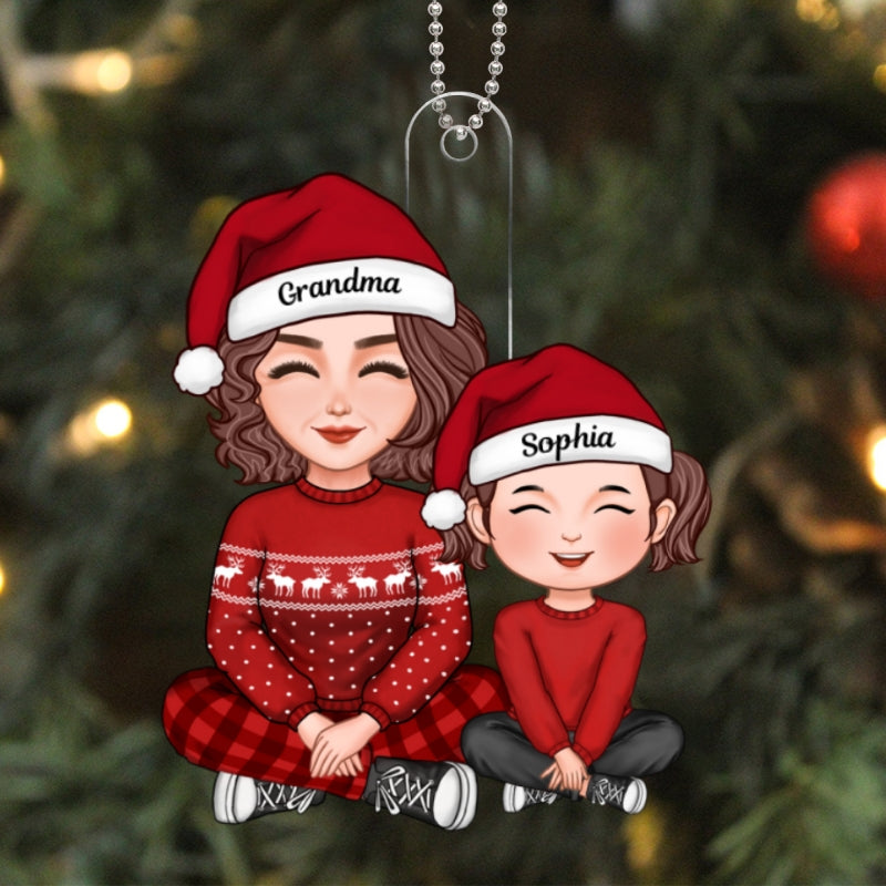 Cute Grandma And Granddaughter Grandson Crossed Legs Christmas Gift Personalized Acrylic Ornament