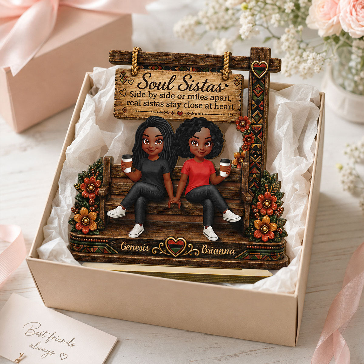 Soul Sistas Sitting Under Sign Post 2D Flat Printed - Personalized 2-Layered Wooden Plaque - Friendship Keepsake