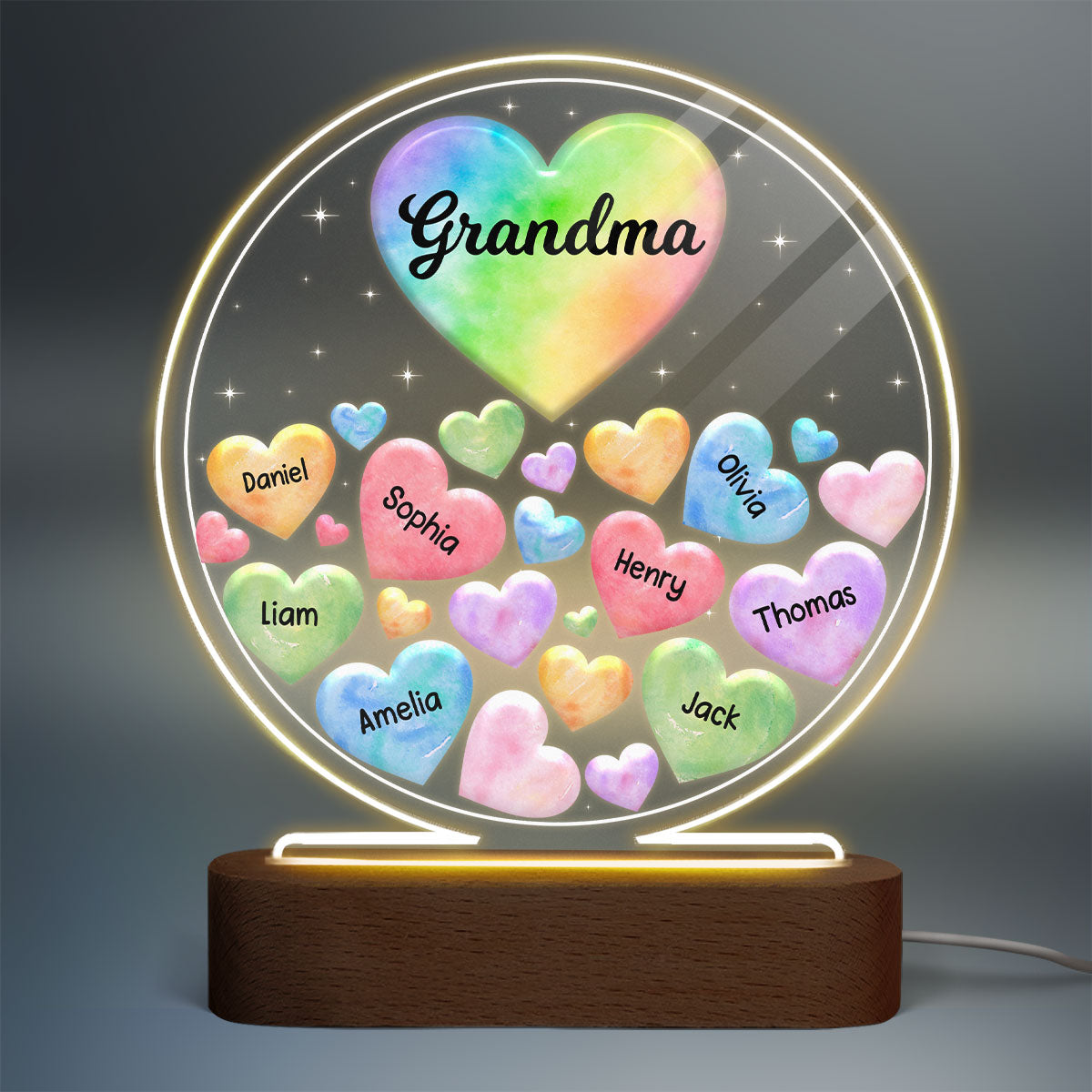 Grandma Mom Hearts Colorful Watercolor Personalized Circle Acrylic LED Night Light