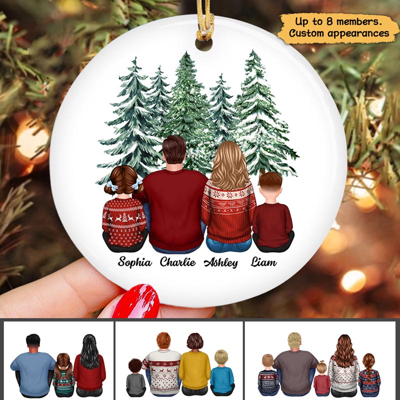 Family Sitting Under Christmas Tree Personalized Circle Ornament