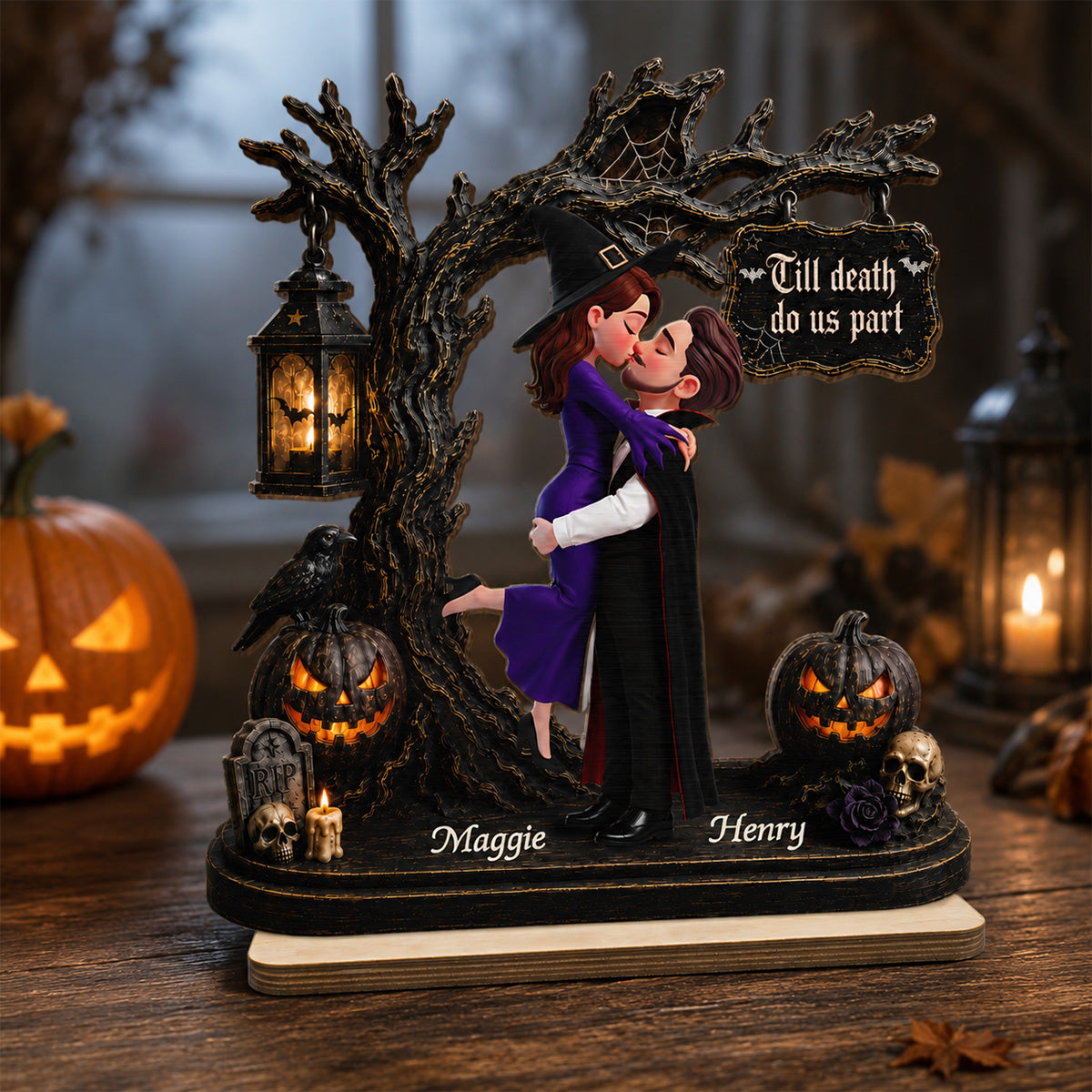 Couple Hugging Under Spooky Halloween Tree 2D Flat - Personalized 2-Layer Wooden Plaque - Tabletop Tier Tray Wicca Pagan Decor