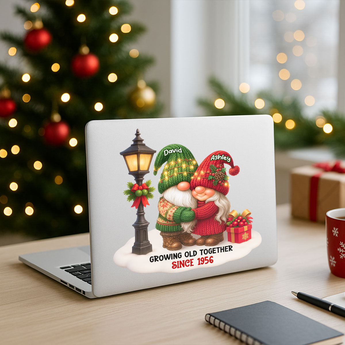 Gnome Christmas Couple Growing Old Together Personalized Decal, Gift for him, for her