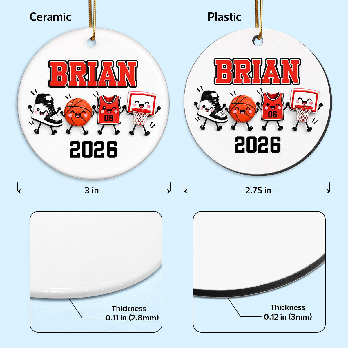 Basketball Things 2D Flat - Personalized Ceramic Ornament – Custom Name Basketball Christmas Keepsake Gift for Player, Son, Daughter, Teen