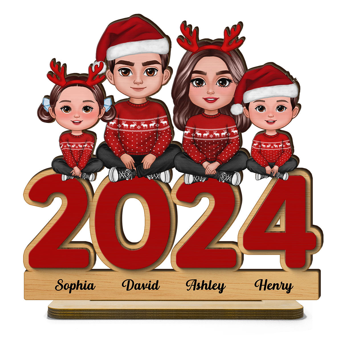 Family Sitting On 2024 Personalized 2-Layer Standing Wooden Plaque, Christmas Tier Tray Decoration