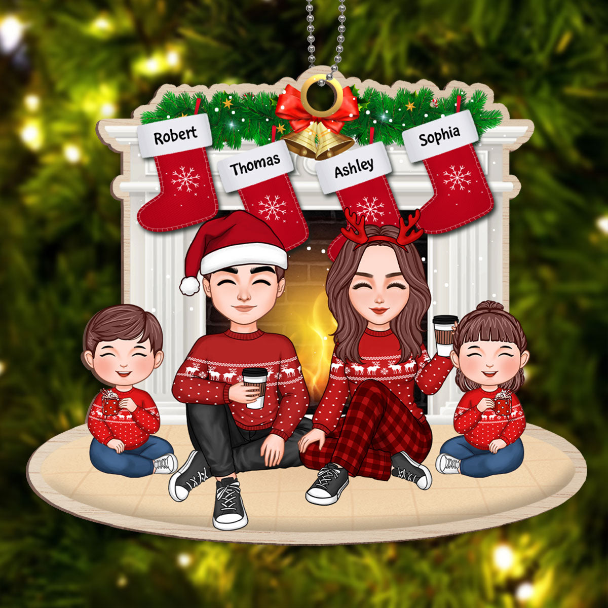 Cute Doll Family Dad Mom Kid Dog Cat Sitting At Fireplace Personalized Wooden Ornament