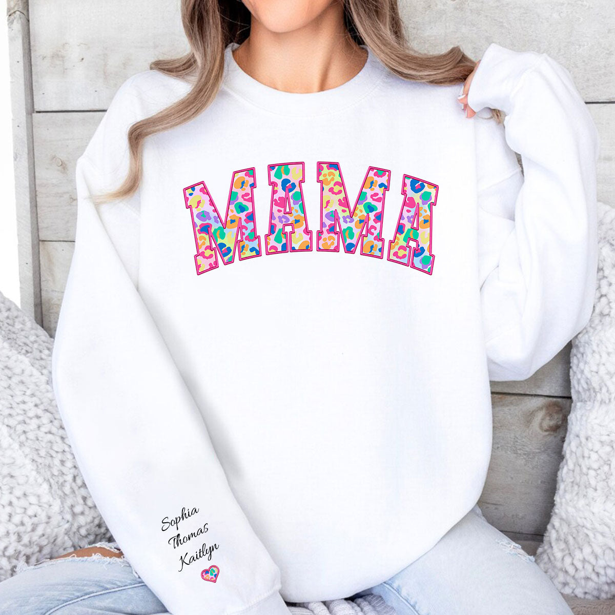 Mama Colorful Leopard Kids Names On Sleeve Personalized Sleeve Printed Sweatshirt