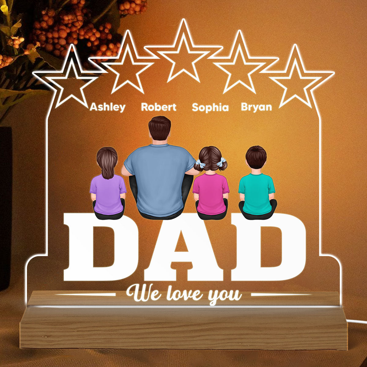 Back View Man & Kids Sitting On Word Five Star Personalized Custom Shaped Acrylic Plaque With Warm LED Night Light