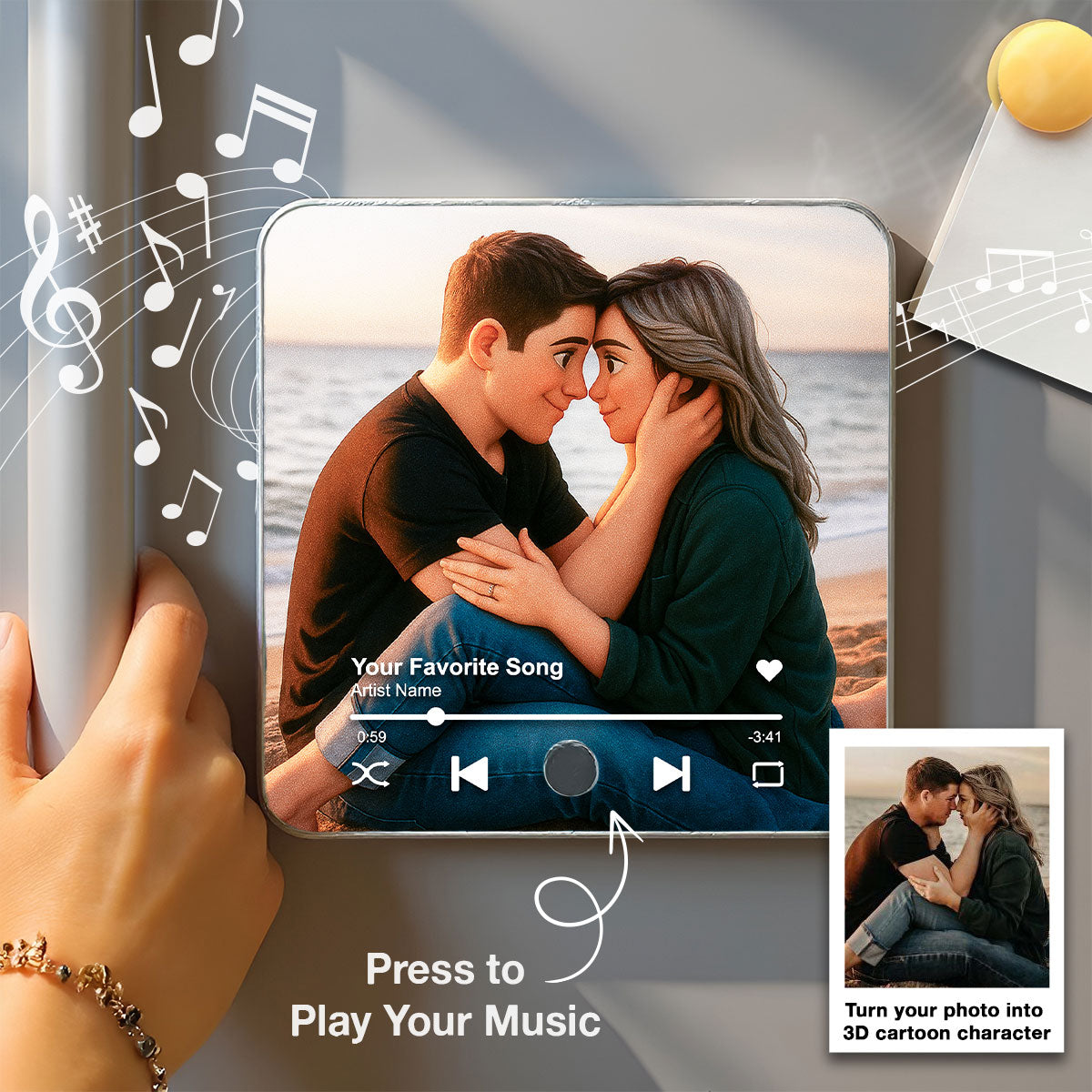 Custom Couple 3D Cartoon Character Personalized Music Fridge Magnet, Couple Family Pet Gift