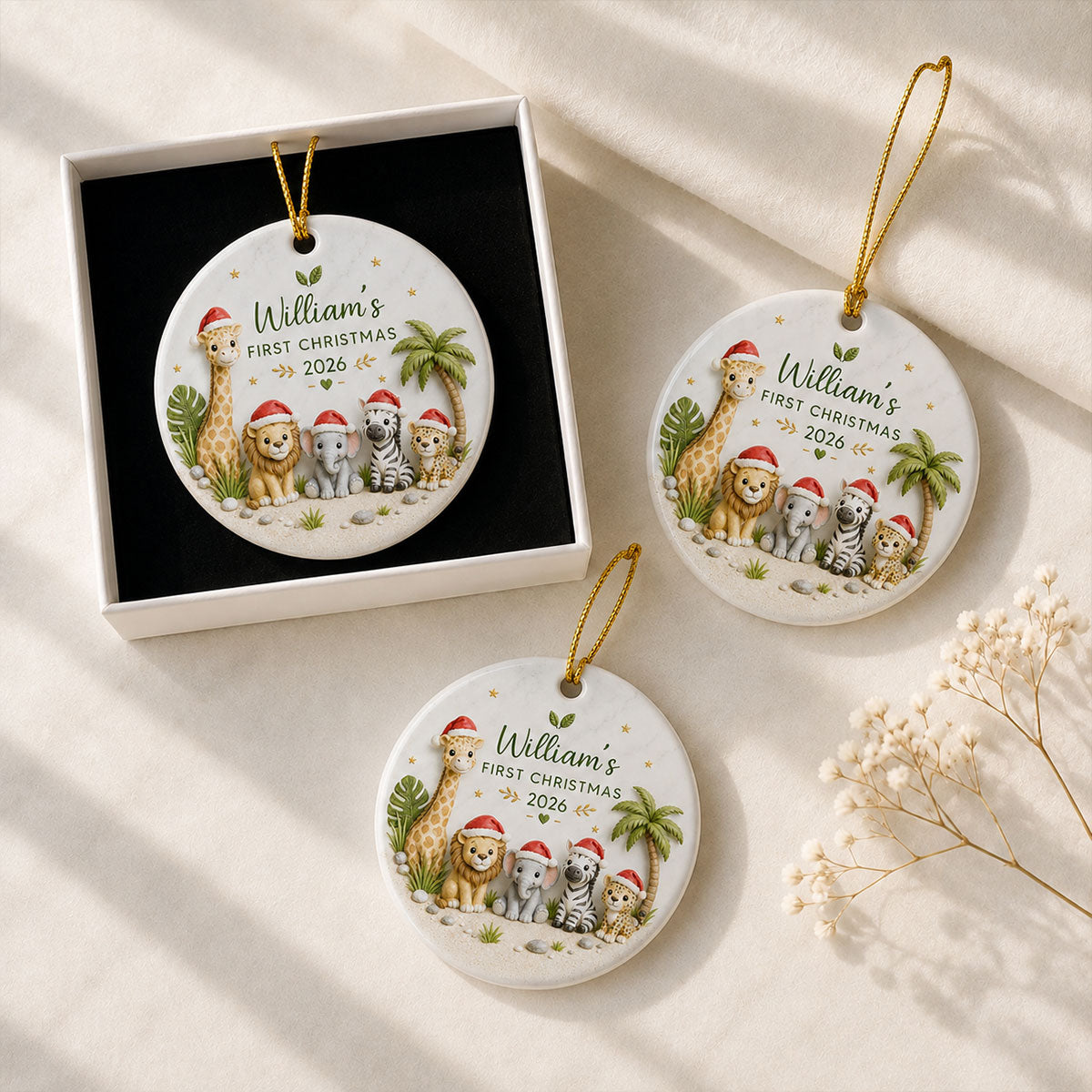 Baby’s First Christmas Safari Animals 2D Flat - Personalized Ceramic Ornament - Christmas Keepsake