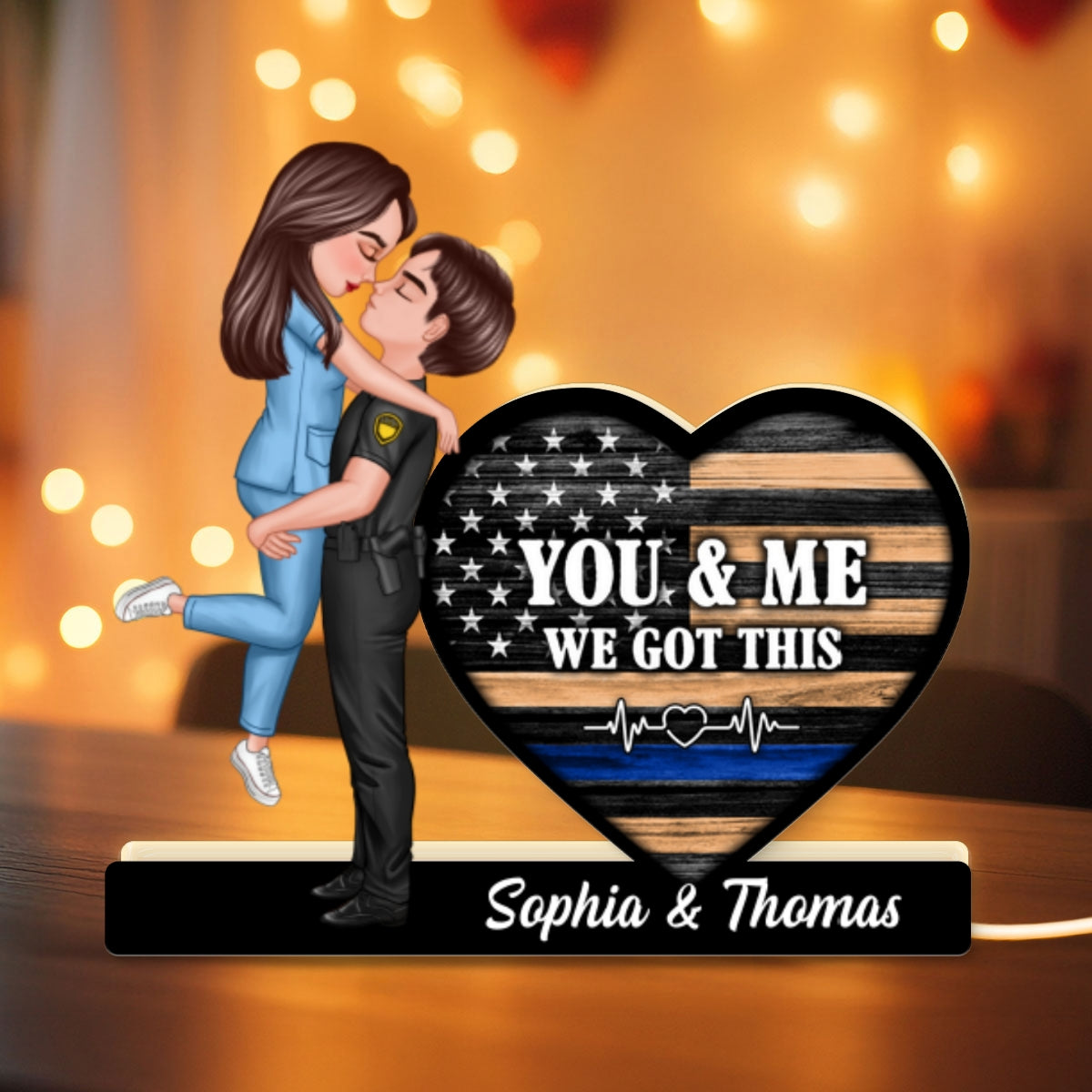 Hero Couple Kissing You & Me We Got This Job Occupation Flag Heart - Personalized Light Box