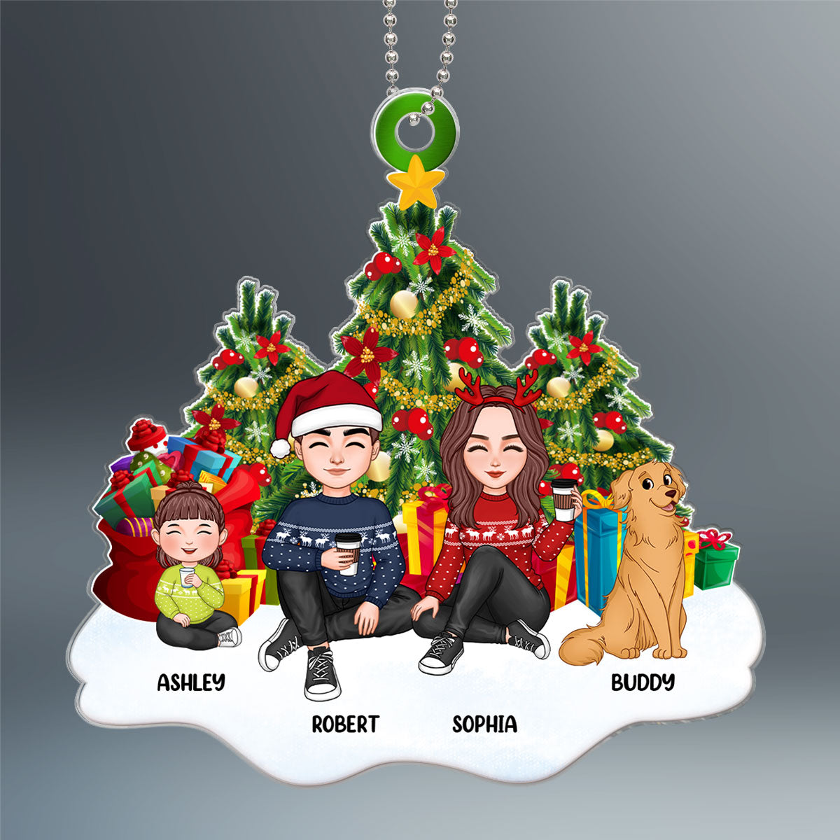 Cute Family Dad Mom Kids Dogs Cats Sitting At Christmas Tree Personalized Acrylic Ornament