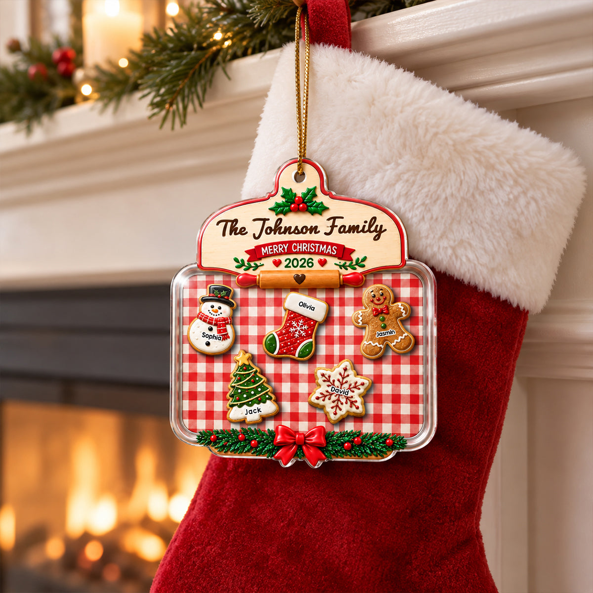 Family Cookie Plaid Pattern - Personalized Acrylic Ornament - Christmas Gift for Children