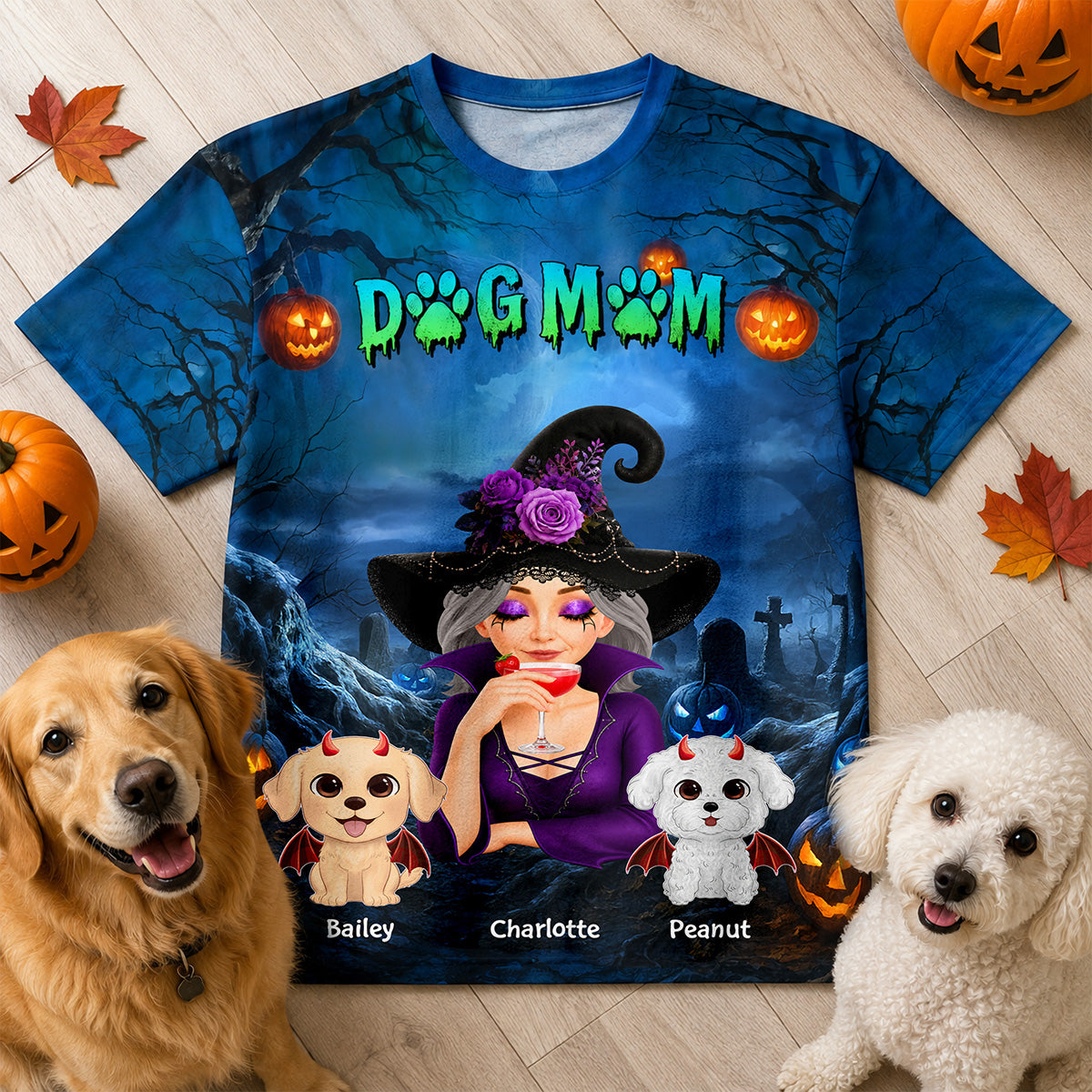 Dog Mom In Halloween Night Blue Theme - Personalized Shirt - Halloween Costume for Dog Lovers