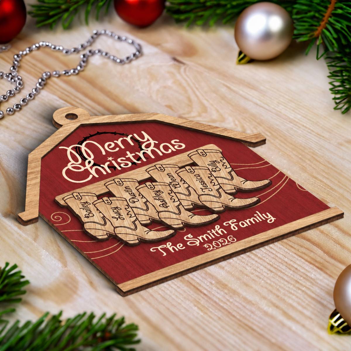 Cowboy Boot Family Names Personalized 2-Layer Wooden Ornament