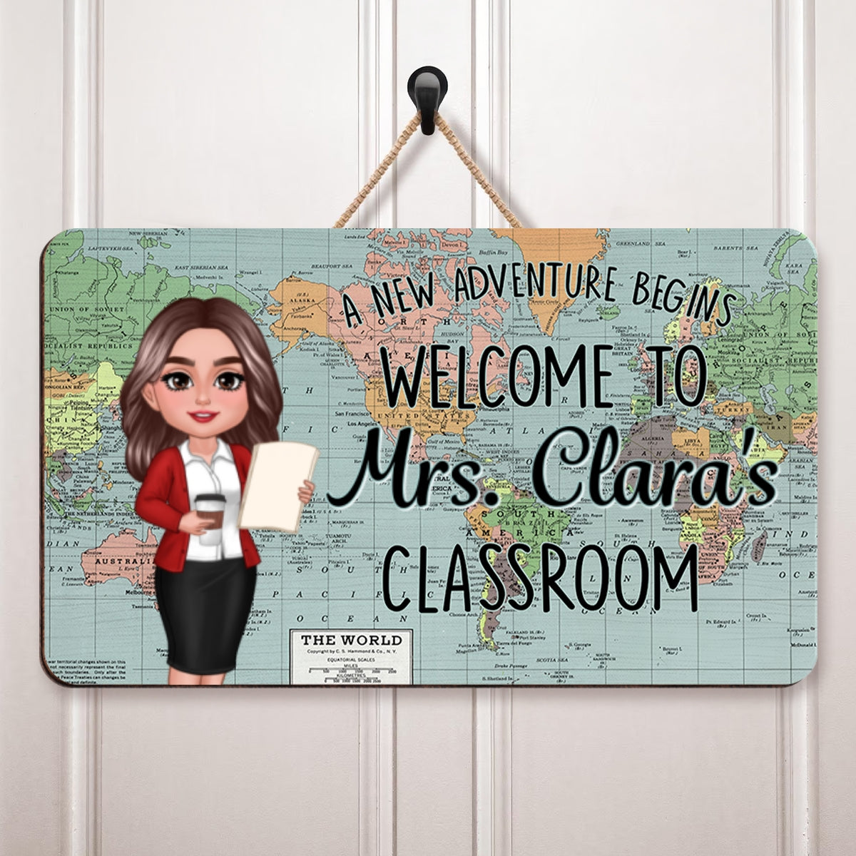 World Map Adventure Themed Welcome To Classroom Personalized Rectangle Door Hanger, Back To School, Classroom Decor
