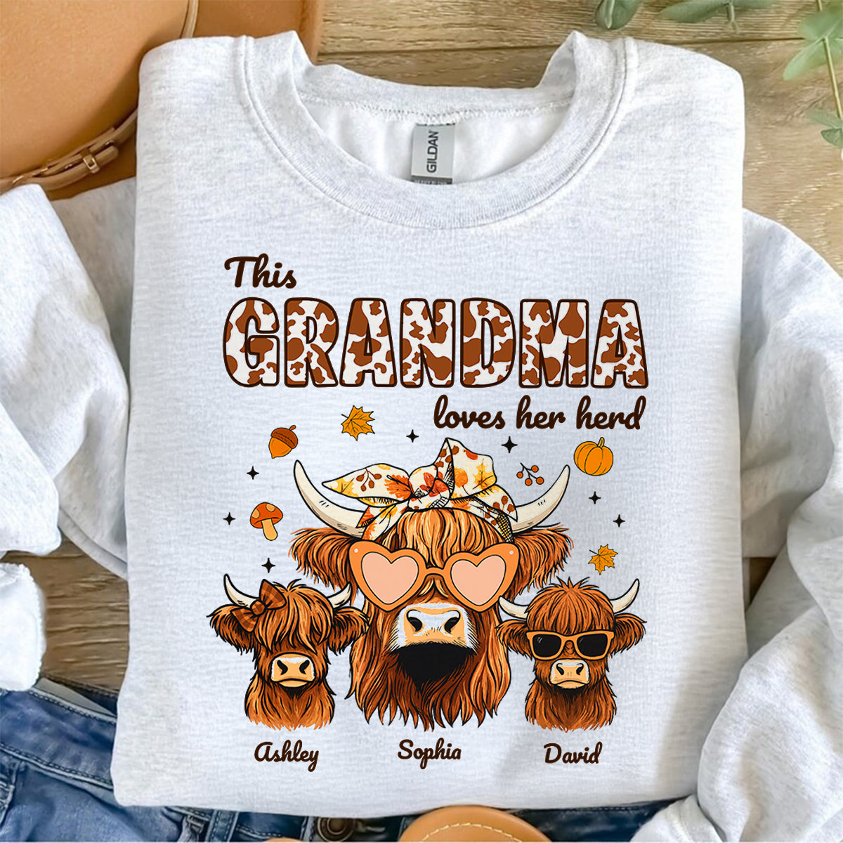 Fall Highland Cow Mom Grandma Personalized Sweatshirt, Cozy Fall Vibe Sweatshirt