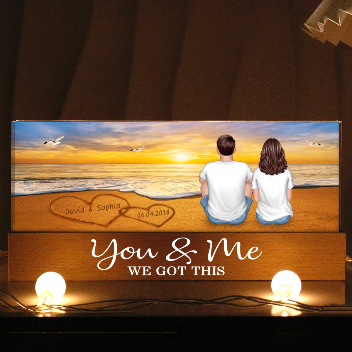 Love on the Beach, Personalized Acrylic Block LED Night Light, Names on Sandy Beach Art with Couple's Names and Date on Perfect Gift for Anniversary