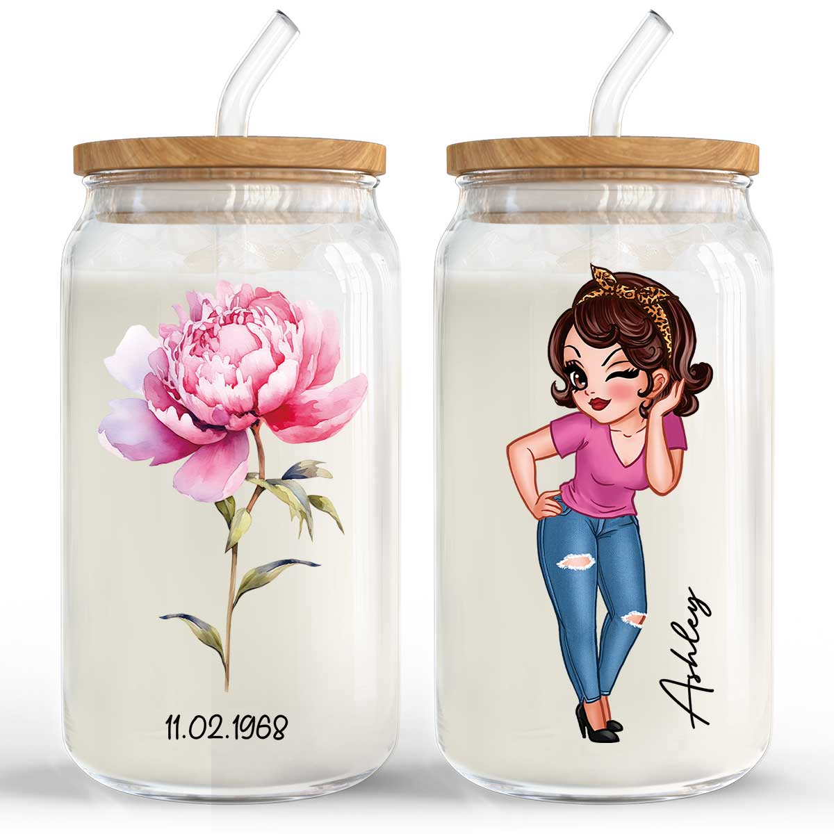 Beautiful Birth Month Flower Mother‘s Day Birthday Gift For Grandma Mom Women Personalized Clear Glass Can