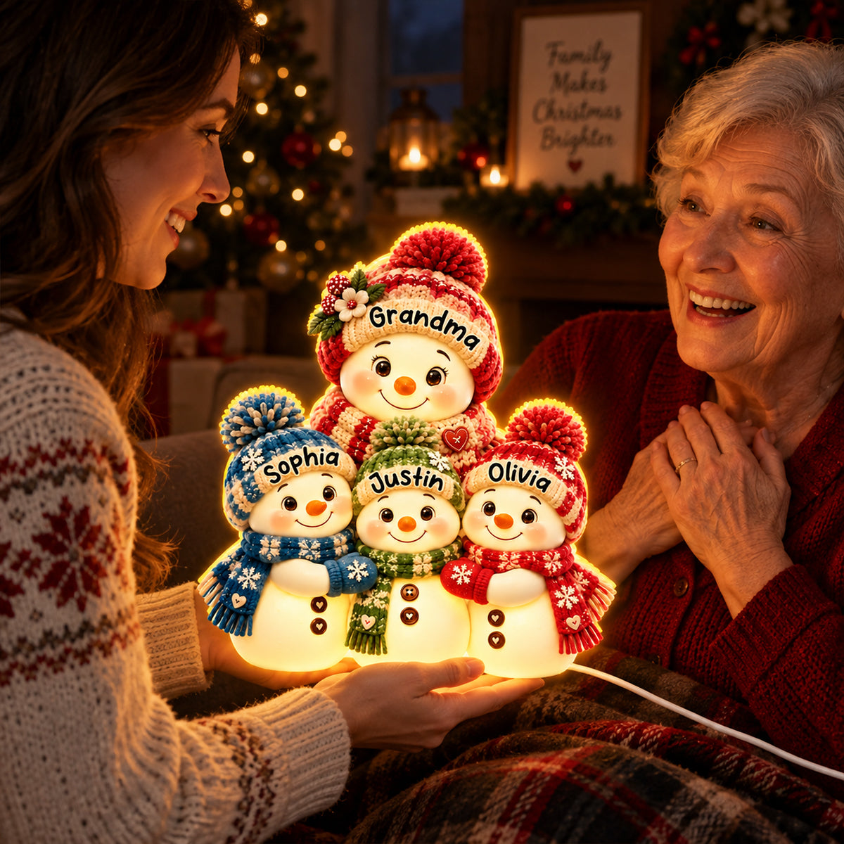 Cute Snowman Grandma Hugging Grandkids - Personalized Light Box - Heartfelt Christmas Gift for Grandma