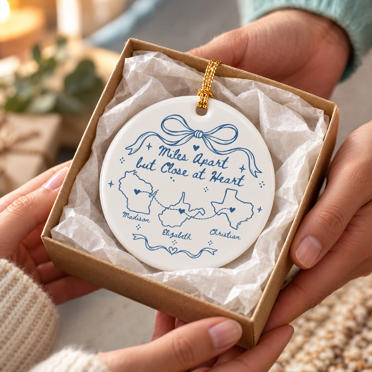 Miles Apart But Close At Heart Hand-Drawn State Map – Personalized Ceramic Ornament – Long Distance Christmas Gift For Family, Couple & Friends