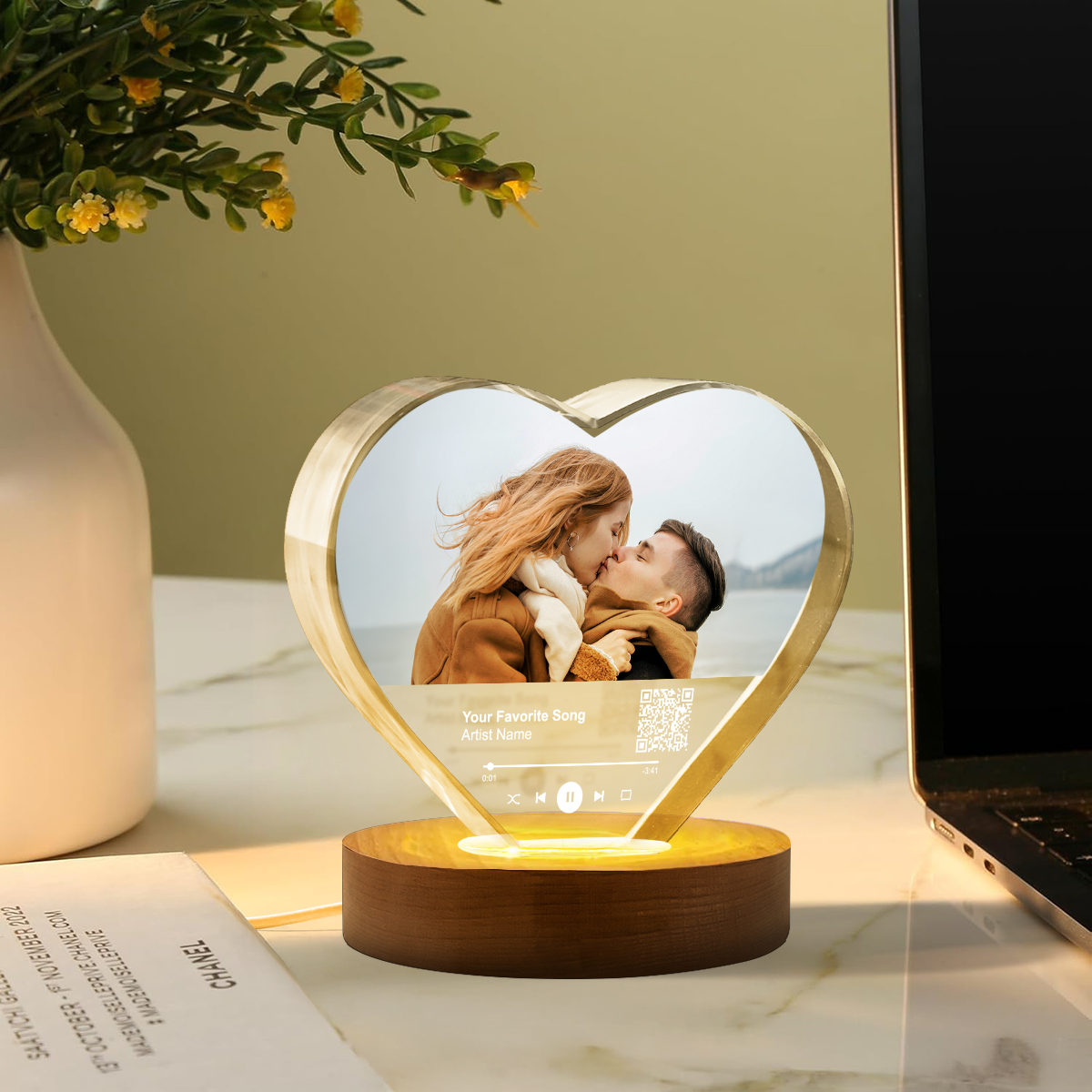 Personalized Music Photo Crystal Heart LED, Valentines Gift, Music Love Gift, Gift for Him, for Her, Free Shipping Included