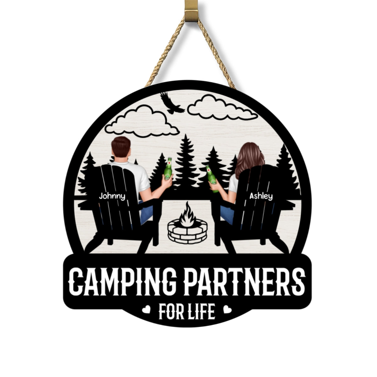 Camping Couple Sitting Back View, Campfire, Fire Pit Personalized Wood Sign