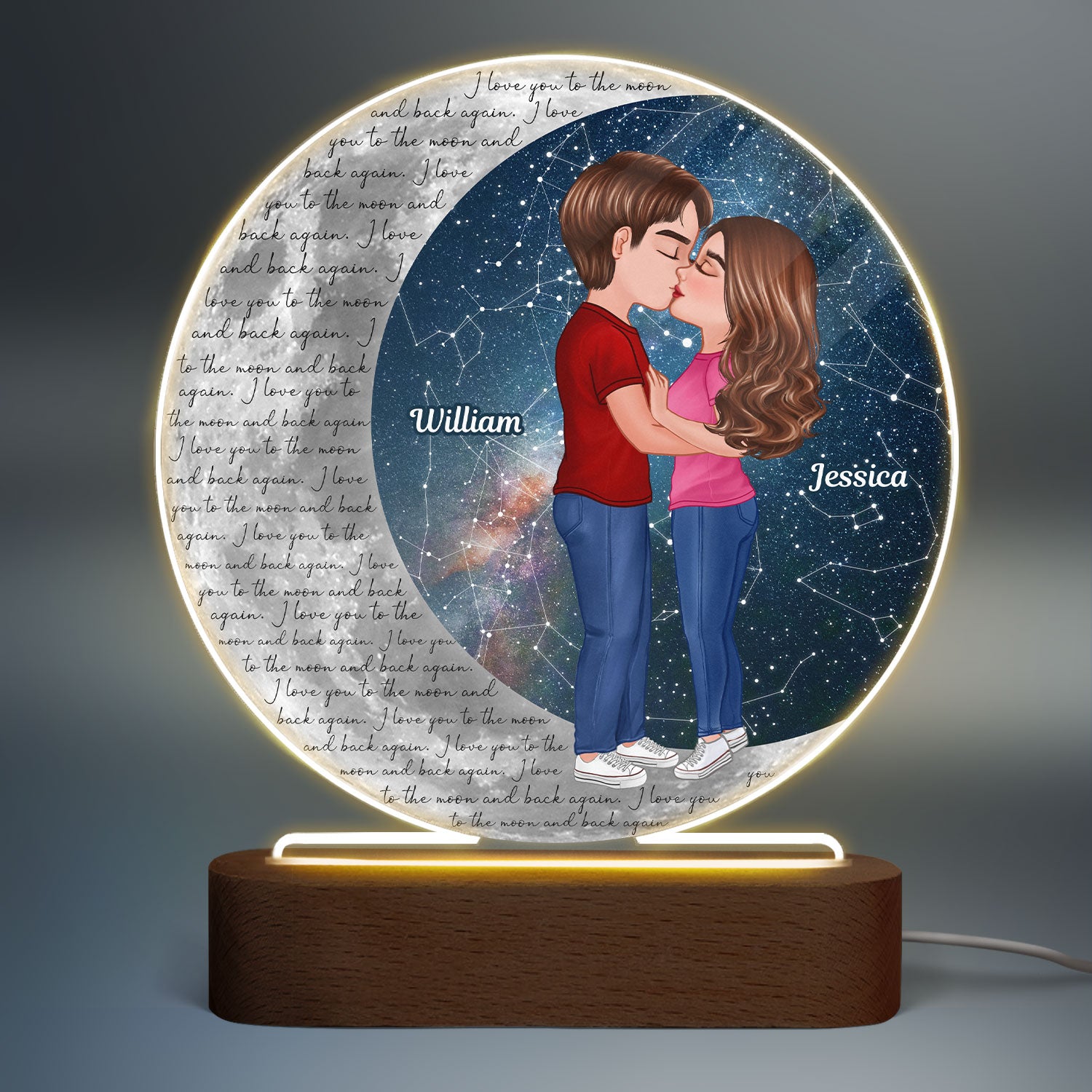 Doll Couple Kissing Star Sky On Moon Personalized Circle Acrylic LED Night Light