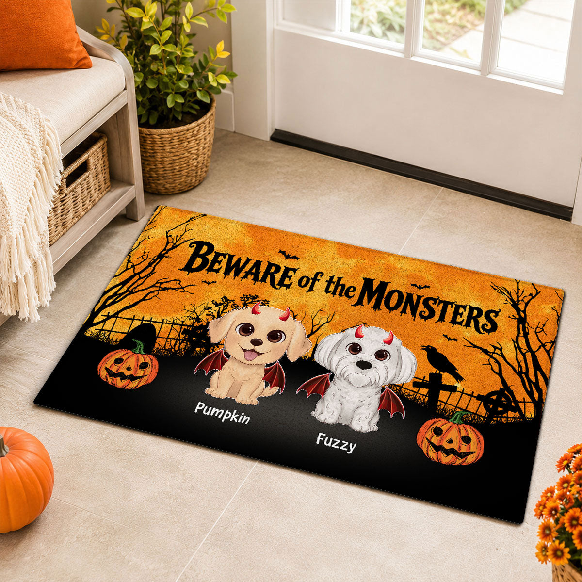 Halloween Theme Never Mind The Witch Beware Of The Dogs - Personalized Doormat - Halloween Decor For Dog Lovers
