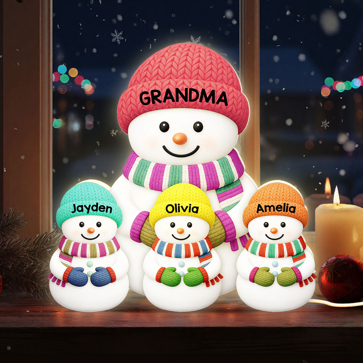 Heartwarming Christmas Grandma Grandpa Grandkids Snowman Together - Personalized Light Box