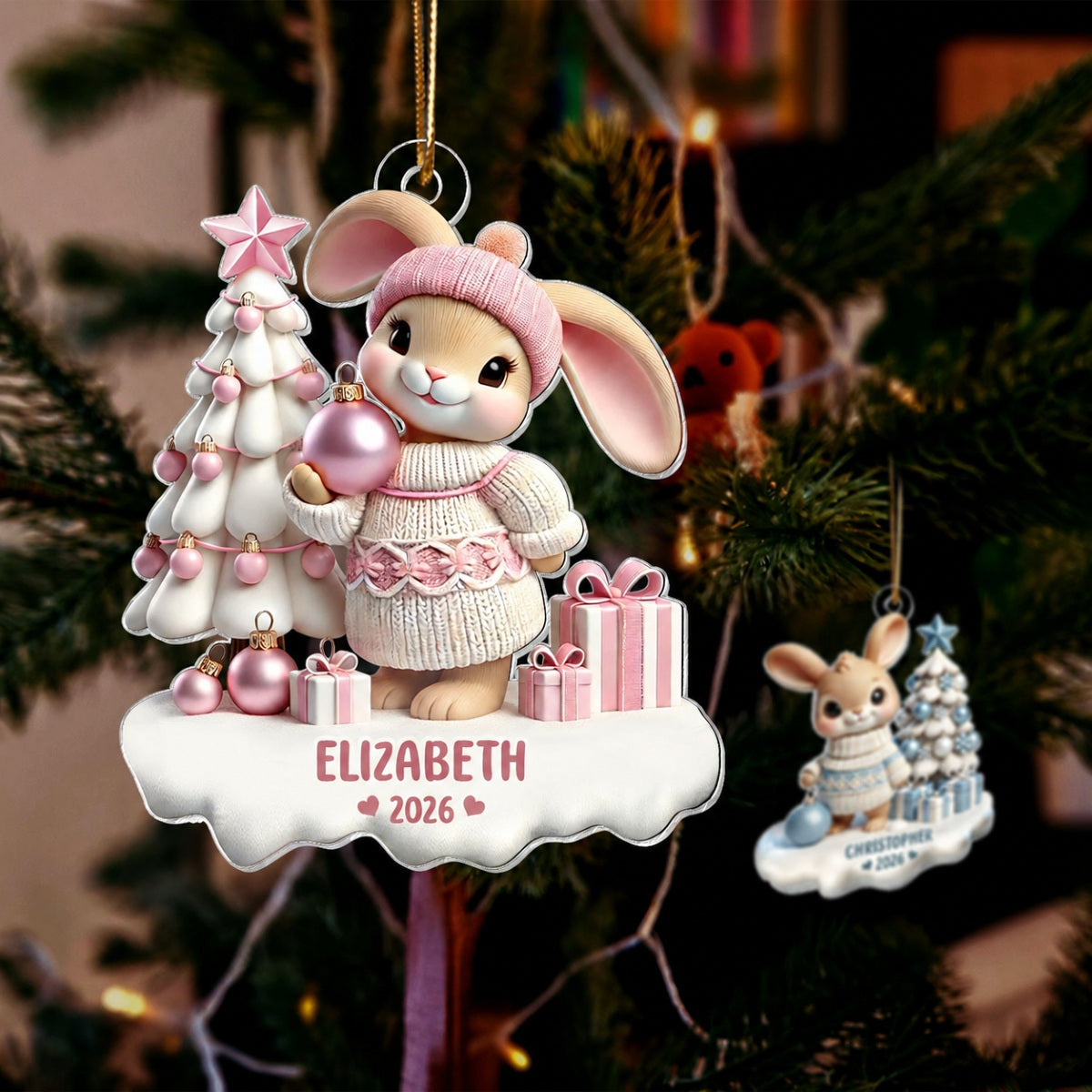 3D Effect Bunny Kid Girl Boy Christmas Personalized Acrylic Ornament, Christmas Gift For Son, Daughter, Grandson, Granddaughter, Children