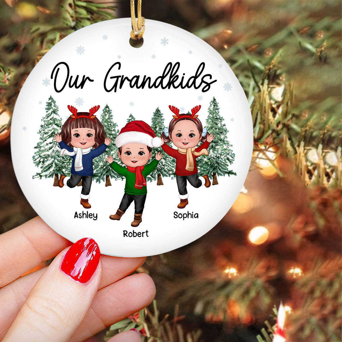 Our Grandkids Happy Doll Kids Christmas Tree Background Personalized Circle Ornament