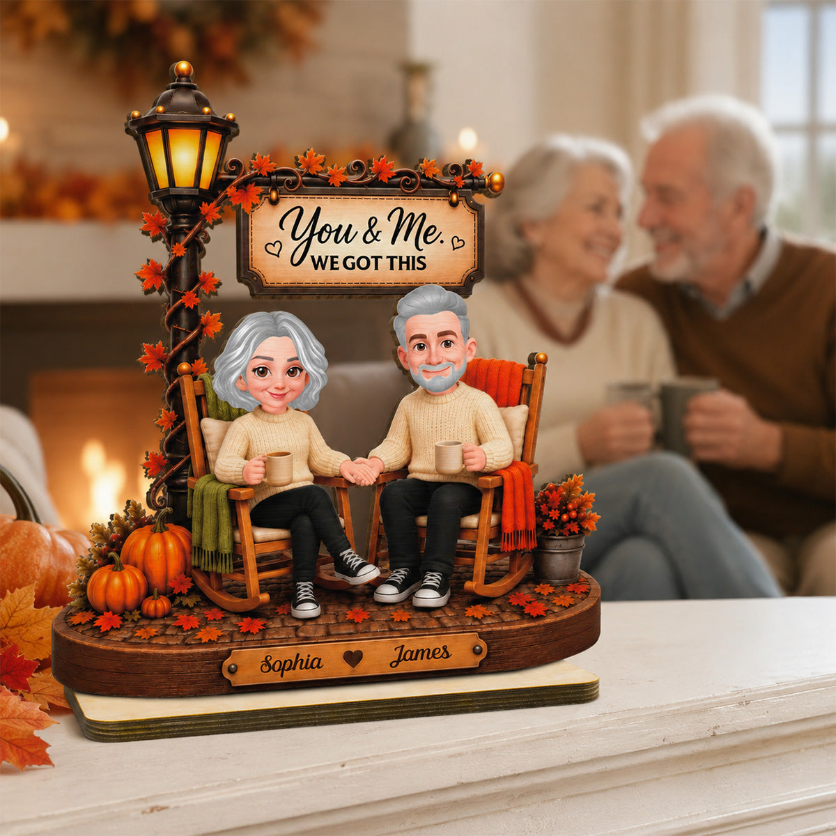 Couple Sitting Under Lamp Post 2D Flat - Personalized Wooden Plaque - Fall Season Decoration