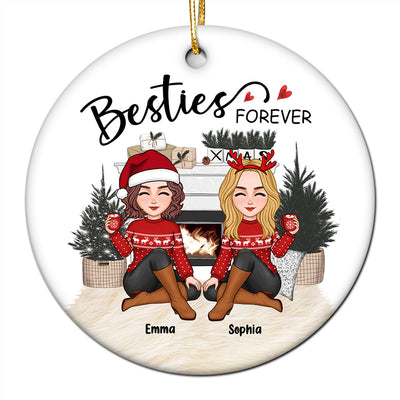 Cute Besties Sitting White Christmas Fireplace Personalized Circle Ornament