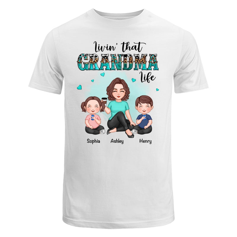 Livin‘ That Grandma Life Teal & Leopard Cute Grandkid & Grandma Personalized Shirt