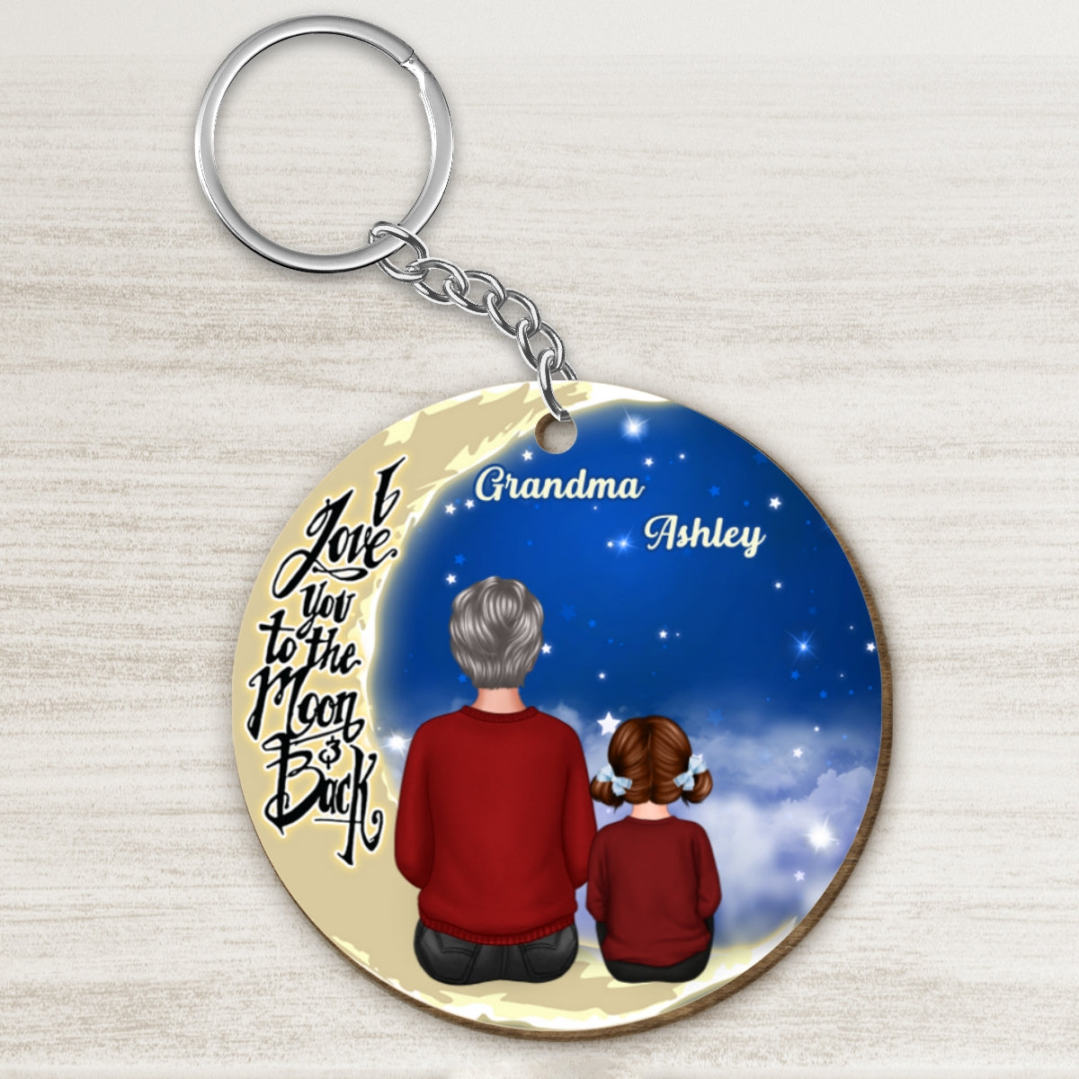 Grandma Grandkids Sitting On Moon Personalized Wooden Keychain