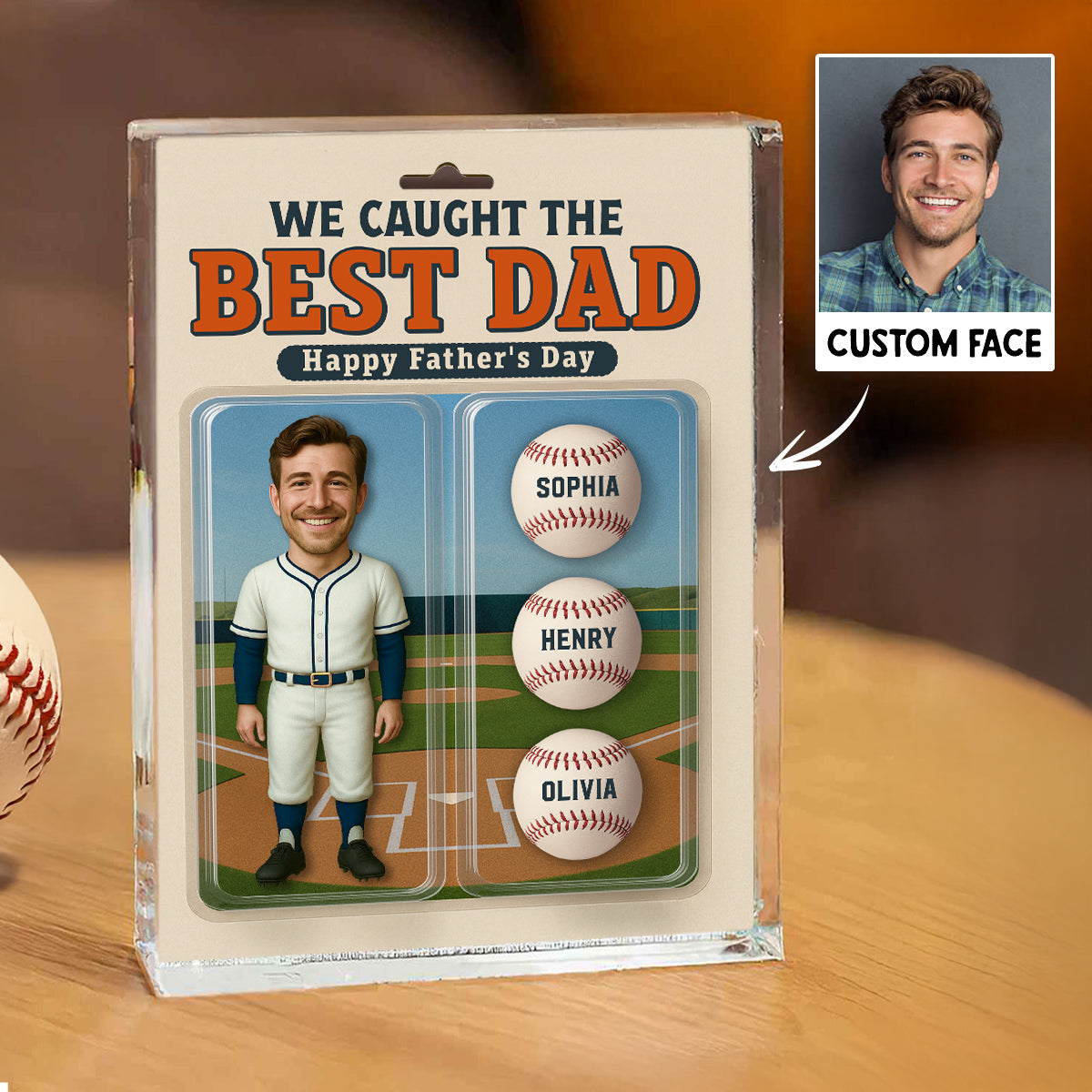 3D Effect Baseball Dad We Caught The Best Dad Custom Figure Personalized Rectangle Flat Acrylic Block Plaque
