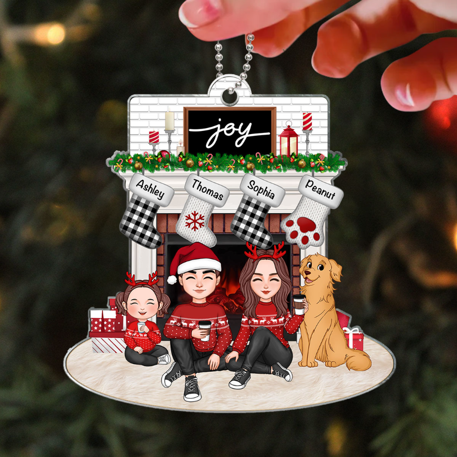 Cute Family Dad Mom Kids Dogs Cats Sitting At Christmas Fireplace Personalized Acrylic Ornament