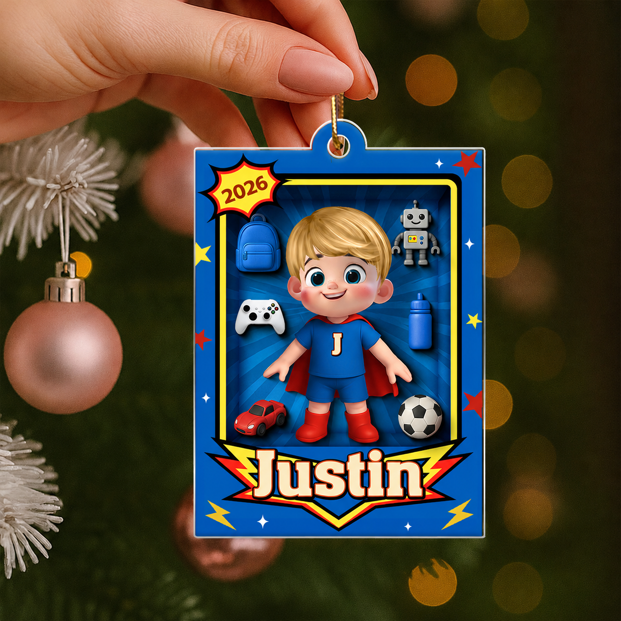Cute Little Boy In Toy Box - Personalized Acrylic Ornament - Unique Christmas Gift For Kids, Grandkids