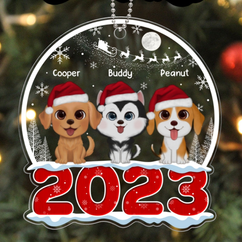 Watercolor Cute Dogs Cats Sitting On 2023 Christmas Sleigh Personalized Acrylic Ornament
