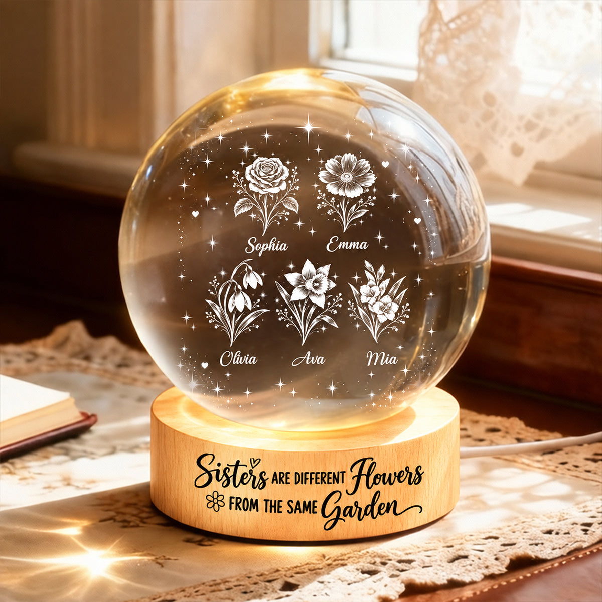 Sisters Are Different Flowers from the Same Garden - Personalized Crystal Ball LED Night Light - Christmas Gift for Sisters
