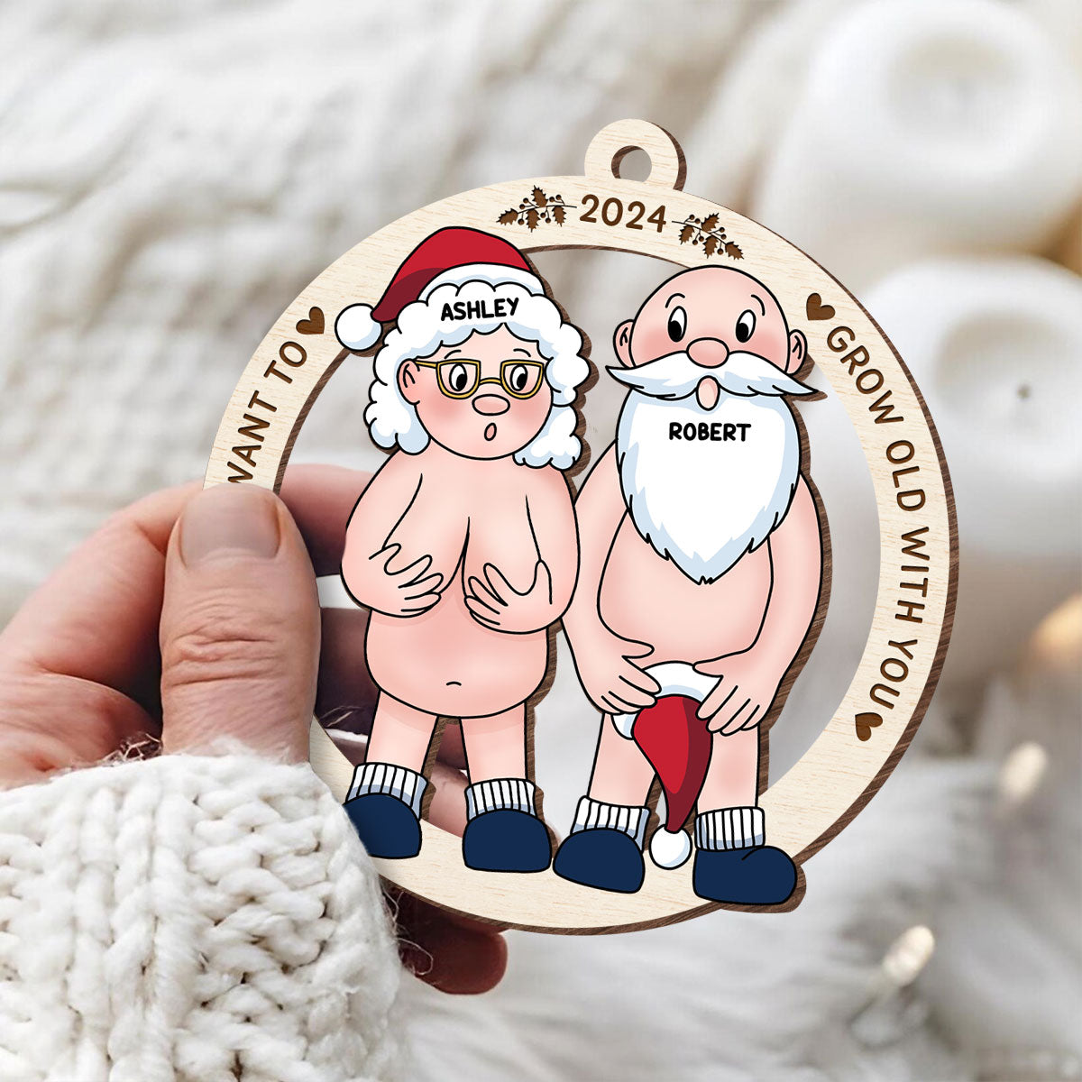 Funny Old Couple Personalized 1-Layer Wooden Ornament Christmas Gift for Him for Her