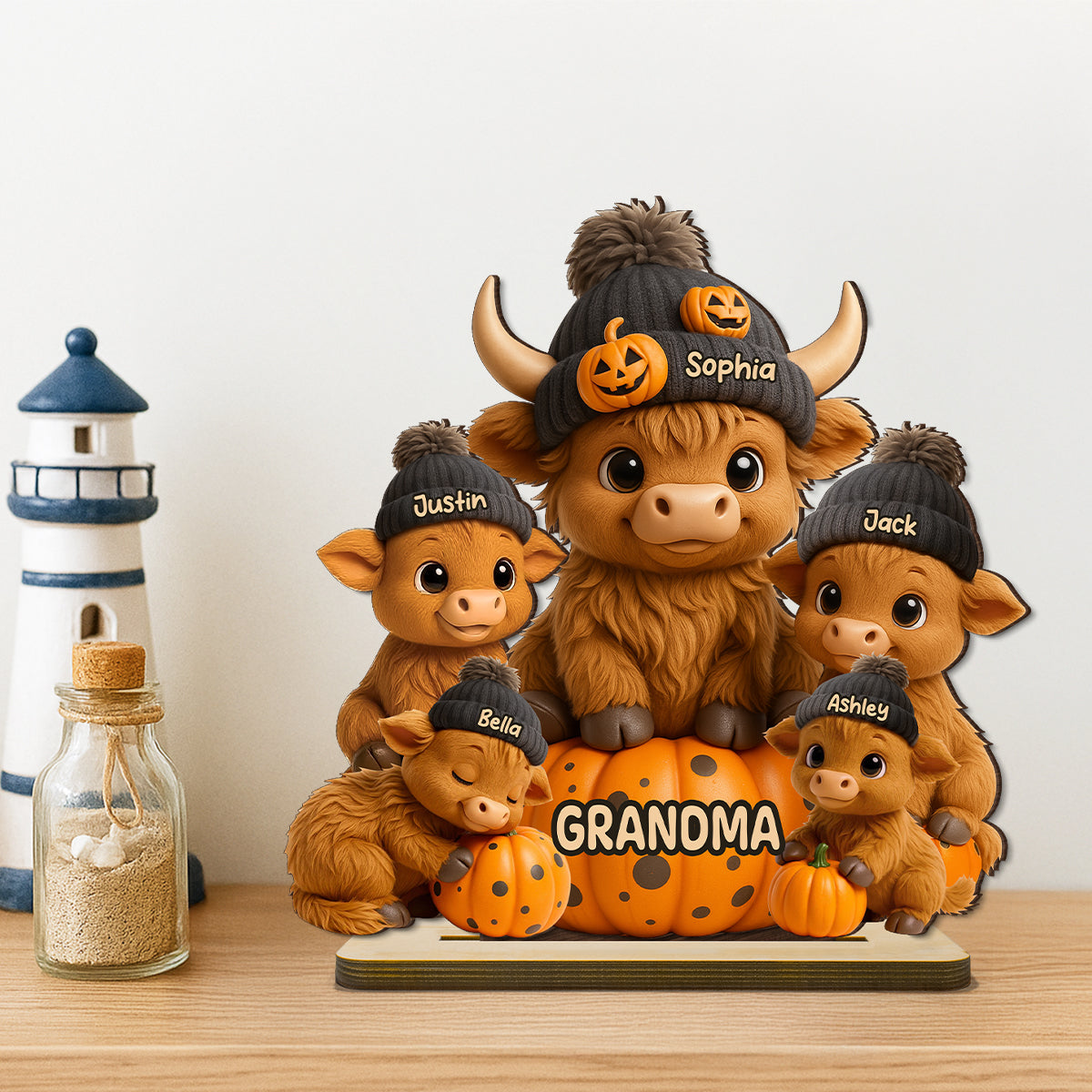 Mama Cow Personalized Standing Wooden Plaque, Cozy Fall Vibe Halloween Decor for Mom, Grandma