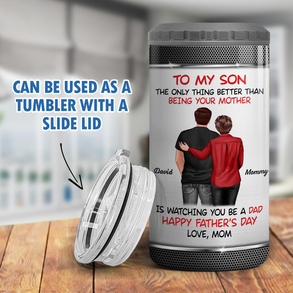 To My Son From Mom Happy Father‘s Day Back View Personalized 4 In 1 Can Cooler