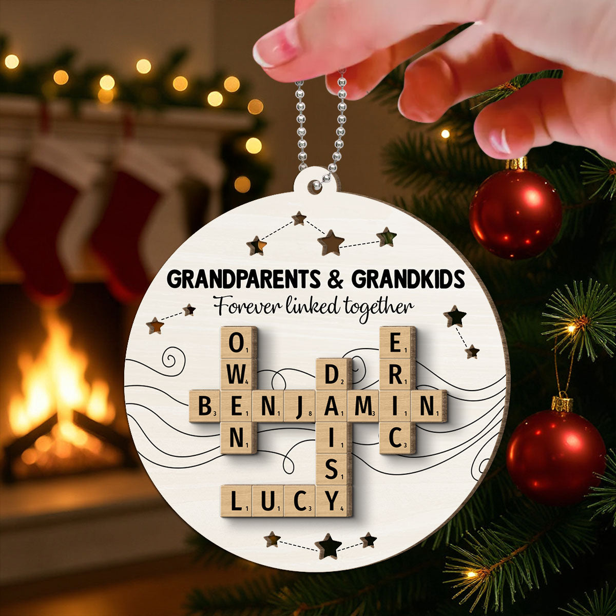 Christmas Grandparents Grandma Grandpa Grandkids Forever Linked Together Crossword Art Personalized 2-Layer Wooden Ornament