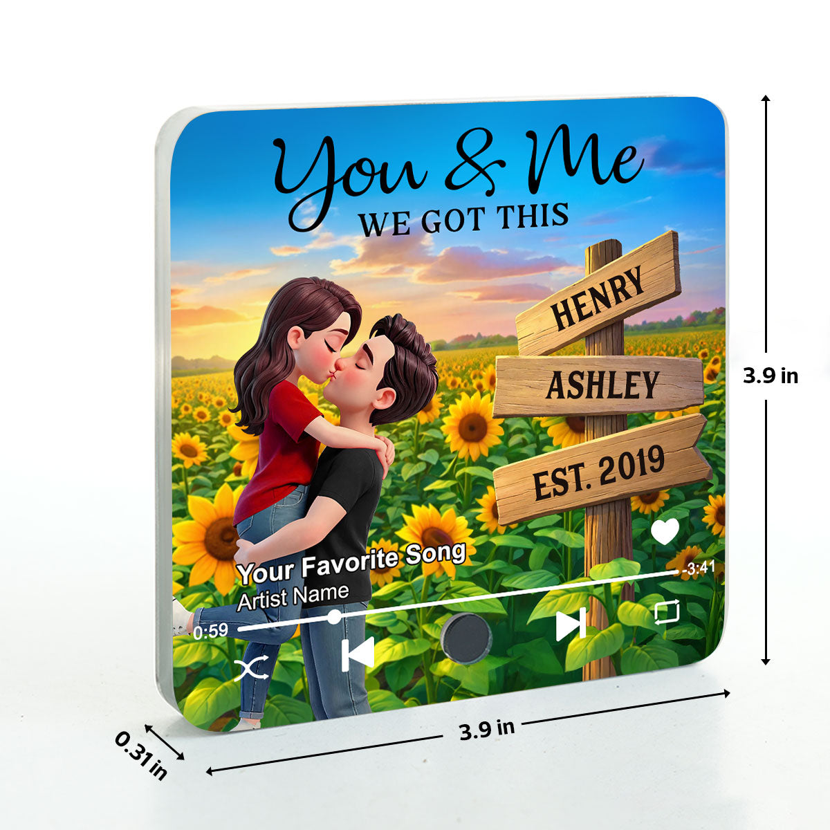 Everlasting Love Couple Hugging Kissing Sunflower Field Sign Posts - Personalized Music Fridge Magnet - Valentine's Day Gift For Couple