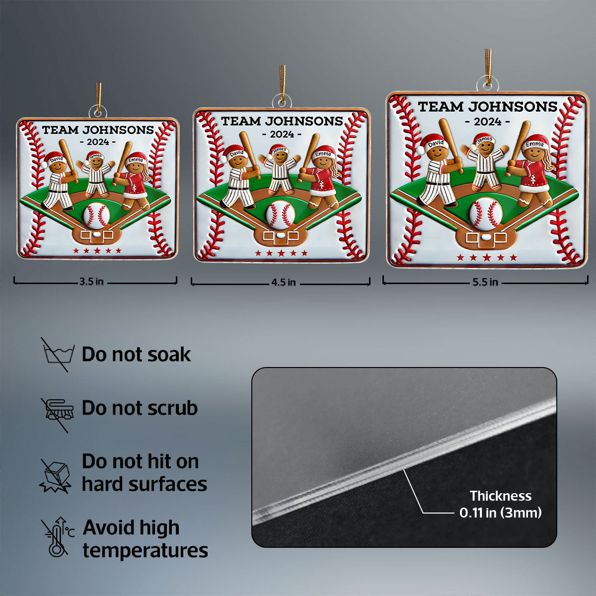 3D Effect Baseball Gingerbread Family Playing On Field Sport Lover Personalized Acrylic Ornament