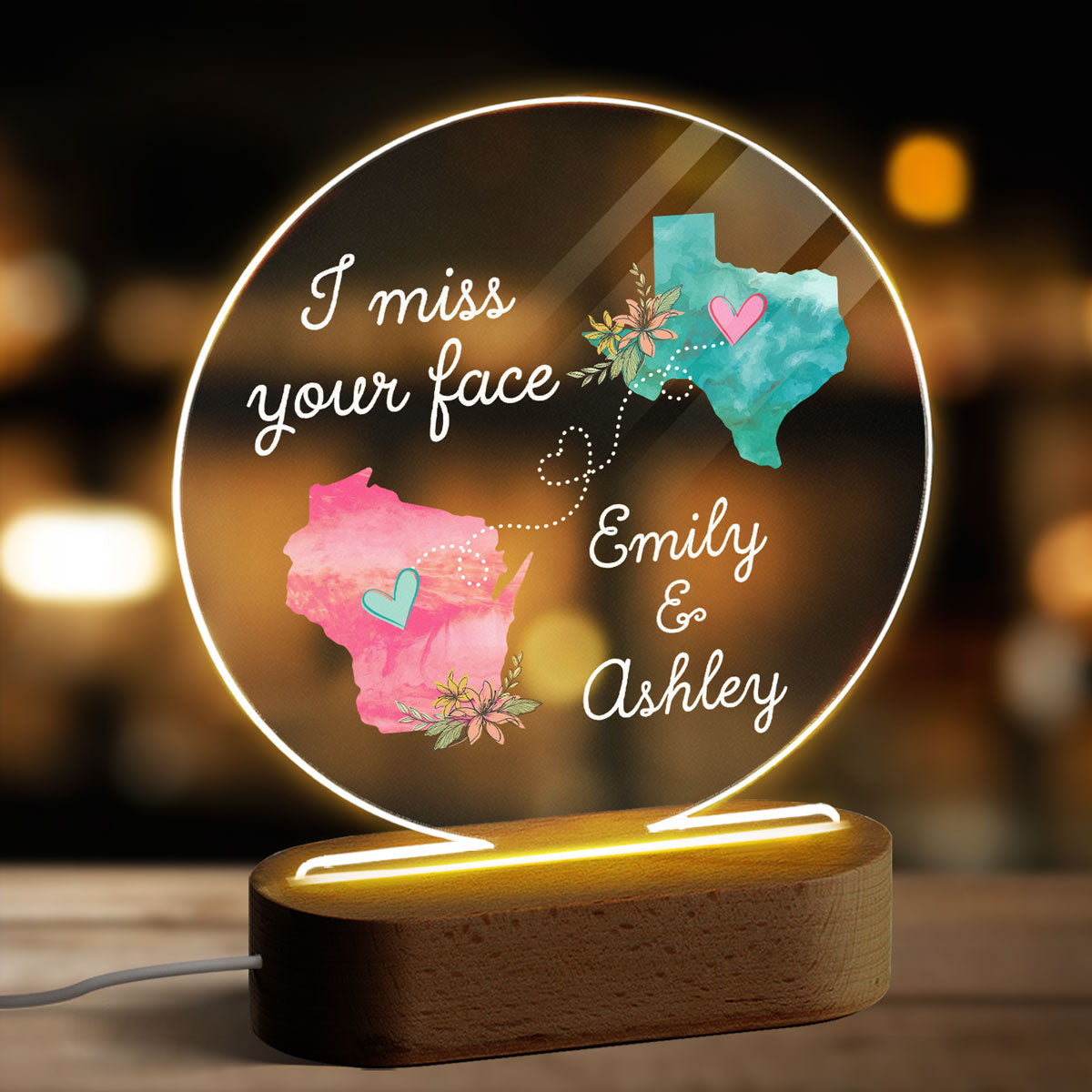 I Miss Your Face Long Distance Gift For Friends Family Personalized Circle Acrylic Plaque LED Lamp Night Light