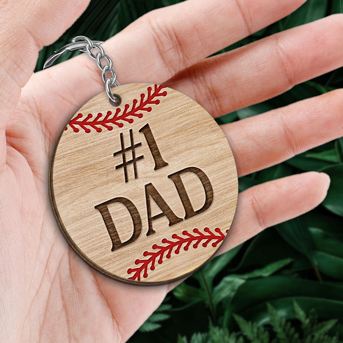 No. 1 Baseball Dad Baseball Man & Kids Personalized Wooden Keychain