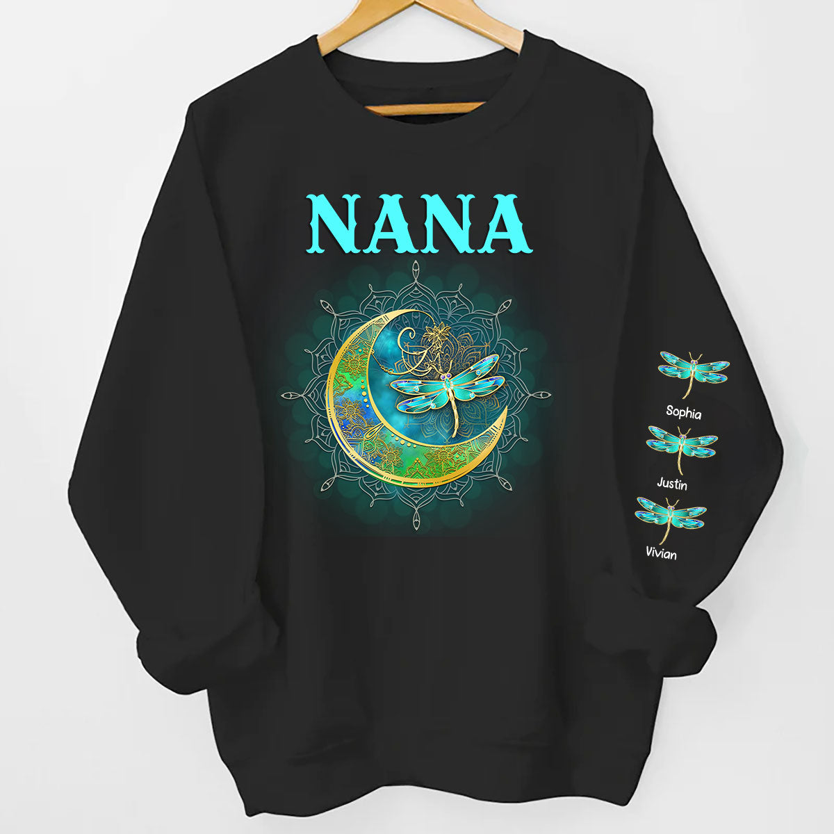 Grandma Mom Moon Mandala Dragonflies Personalized Sleeve Printed Sweatshirt