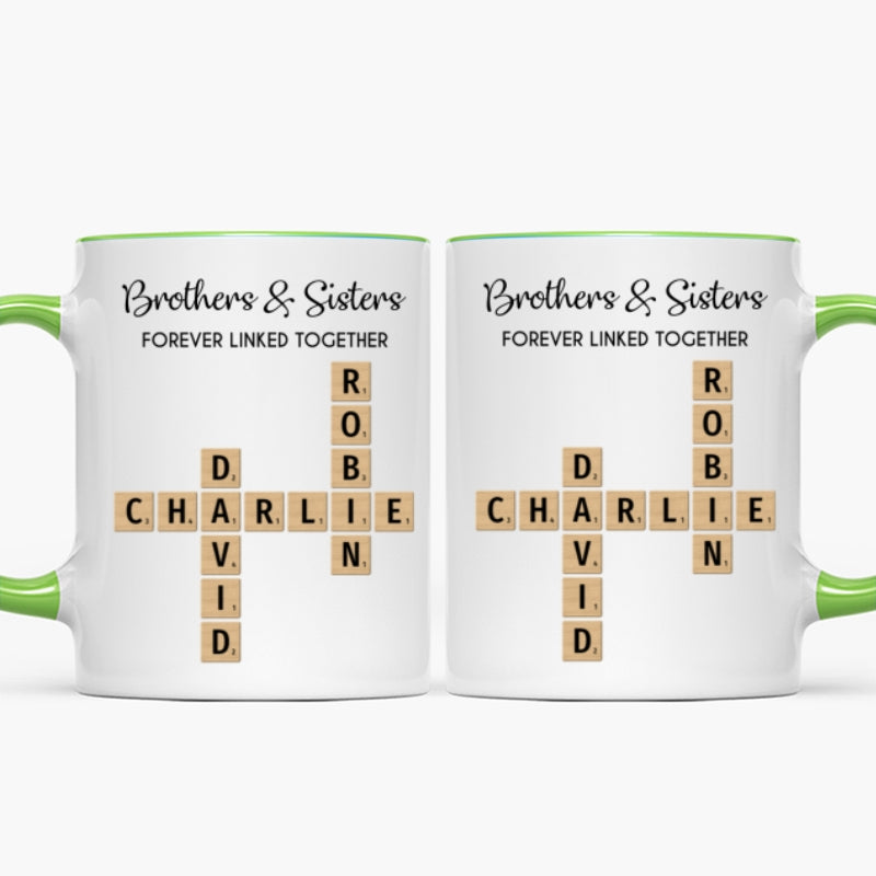 Brothers And Sisters Forever Linked Together Crossword Puzzle Art Personalized Mug, Gift For Brothers, Sisters, Siblings, Family